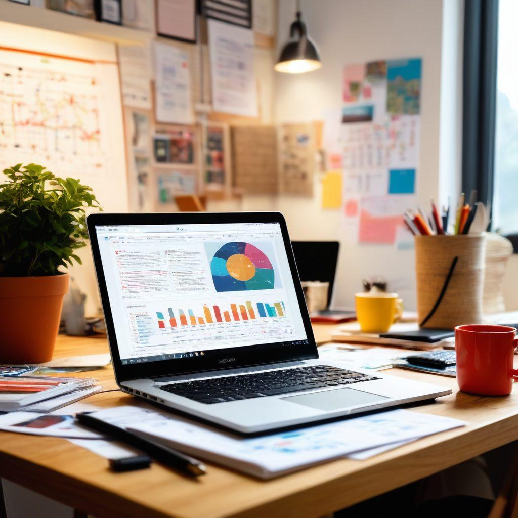 A captivating workspace filled with blogging tools such as a laptop, notebooks, and coffee, surrounded by vibrant charts and infographics flowing in the air, symbolizing strategies and insights. In the background, a diverse group of bloggers sharing ideas in a cozy environment, representing community. Bright colors and soft lighting create an inviting atmosphere. super-realistic. vibrant colors. cozy setting.