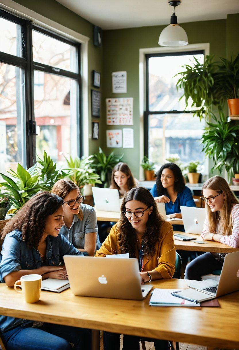 A diverse group of enthusiastic bloggers collaborating in a cozy, sunlit café filled with plants and colorful decor. Show laptops and notebooks with vibrant stickers, coffee cups, and a blackboard with brainstorming ideas in the background. Include a warm atmosphere that conveys support, friendship, and creativity. super-realistic. vibrant colors. soft focus.