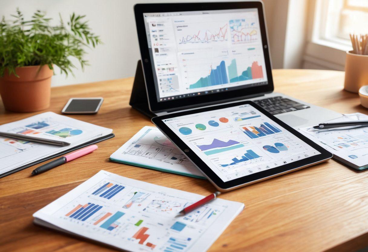 A dynamic workspace showcasing a digital tablet displaying a blog design in progress, surrounded by sketches and notes scattered across a wooden desk. In the background, a laptop shows monetization graphs and analytics. Soft lighting illuminates the scene, creating a warm and inviting atmosphere that symbolizes creativity and entrepreneurial spirit. modern flat design. vibrant colors. soft focus.